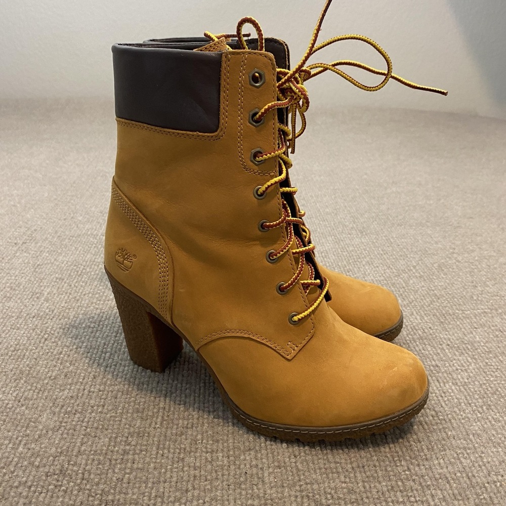 Timberland Boots Womens Size 7 Beige Nubuck Ankle Lace Up Block Heel 8715A